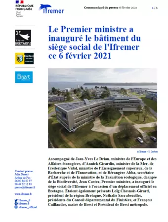 Communiqué de Presse - Le Premier ministre a inauguré le bâtiment du siège social de l'Ifremer ce 6 février 2021