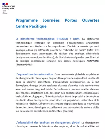 Programme détaillé journées portes ouvertes Ifremer, Centre Pacifique