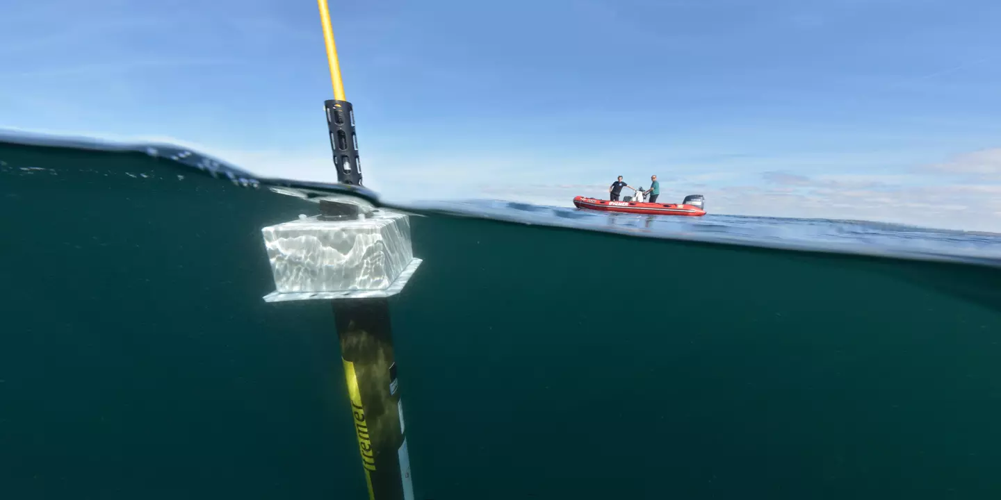 Profileur au premier plan avec un zodiac en arrière plan, vue au ras de l'eau.