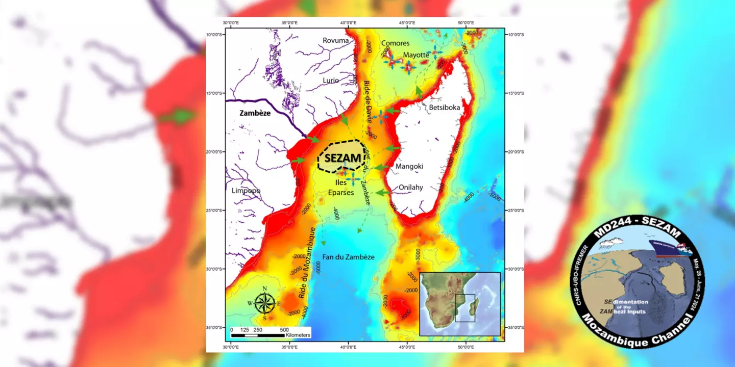 La campagne SEZAM a permis de cartographier la partie centrale du Canal du Mozambique, où s’accumulent les sédiments apportés par le Zambèze et d’autres fleuves du Mozambique et de Madagascar.