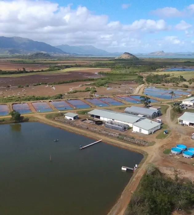 Vue aérienne de la station aquacole composée d'un grand bassin et de plusieurs bassins plus petits ainsi que des bâtiments