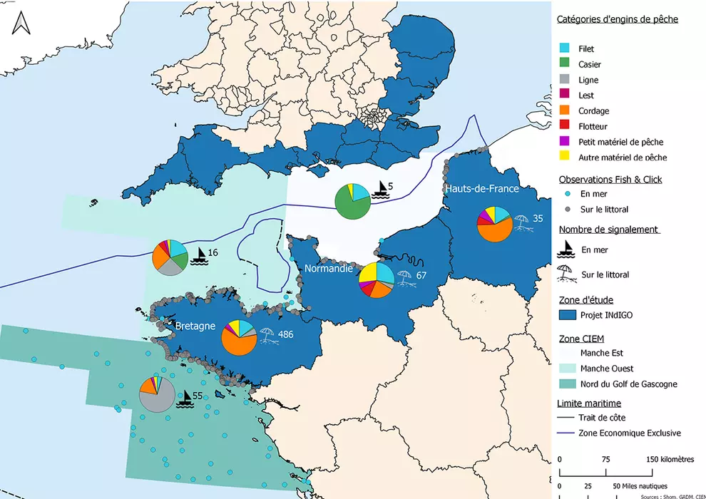 Carte de distribution des déchets d’engins de pêche signalés grâce à Fish&Click 