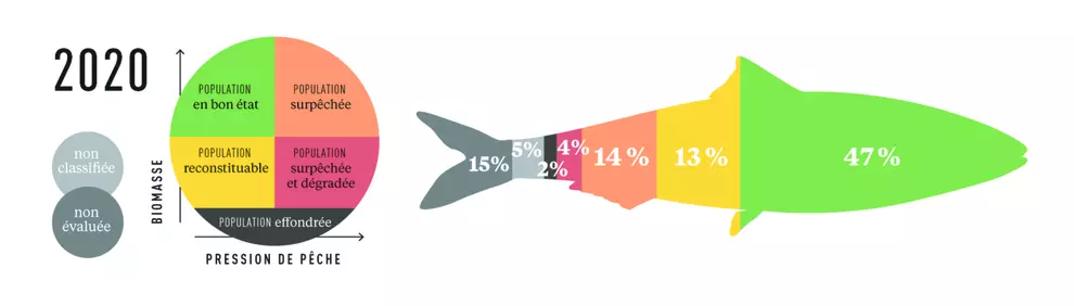 État des populations de poissons exploitées en France métropolitaine en 2020 (part des débarquements en volume)